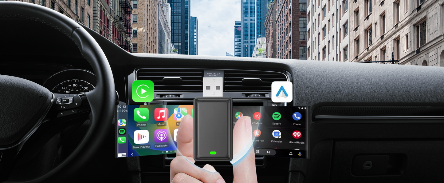 Wireless Apple CarPlay & Android Auto adapter in car, enabling wireless phone connectivity and access to apps.